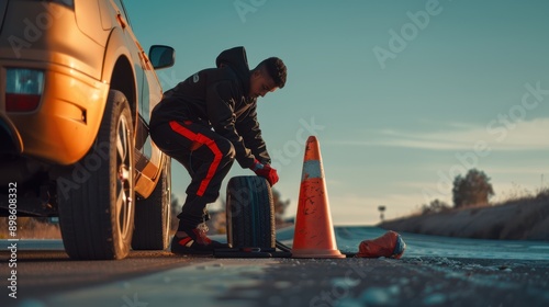 The man fixing flat tire photo