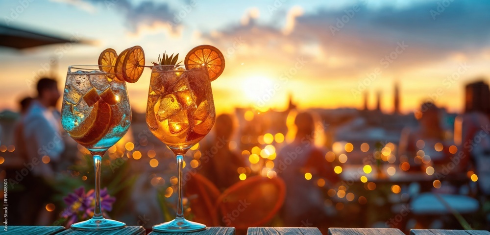 Sunset Cocktails at a Vibrant Rooftop Bar in Summer