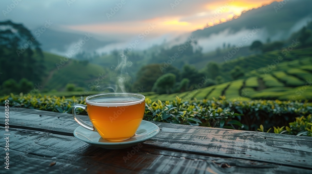 Cup of hot tea and leaf on the wooden table with the tea plantations background Cup of hot tea and leaf on the wooden table with the tea plantations background