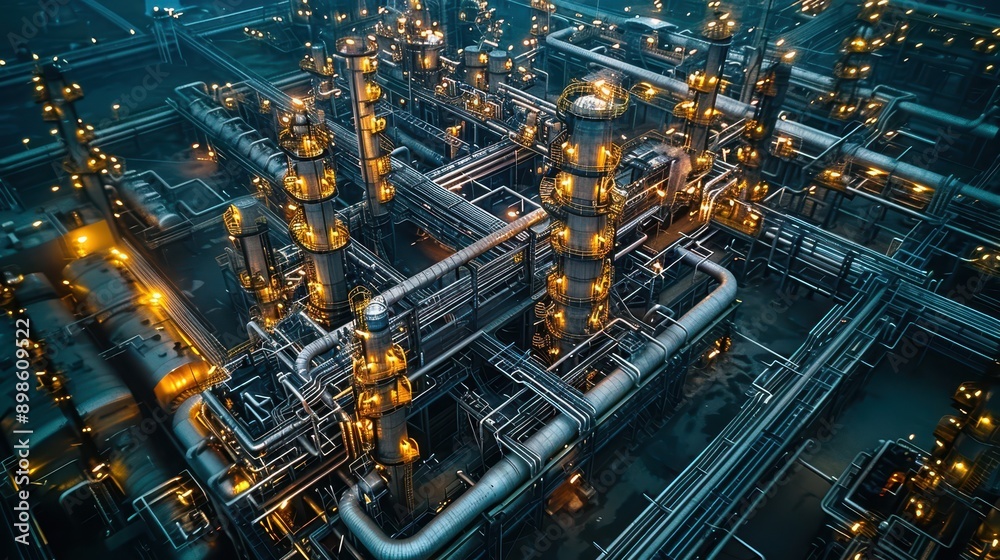 Industrial Pipeline Network at Petrochemical Refinery from Wide-Angle Aerial View Industrial Pipeline Network at Petrochemical Refinery from Wide-Angle Aerial View