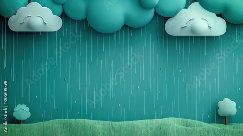 An artistic depiction of rainy weather, featuring dark clouds and heavy rain pouring down on a serene landscape. The illustration captures the mood of a rainy day with its soft, muted colors.