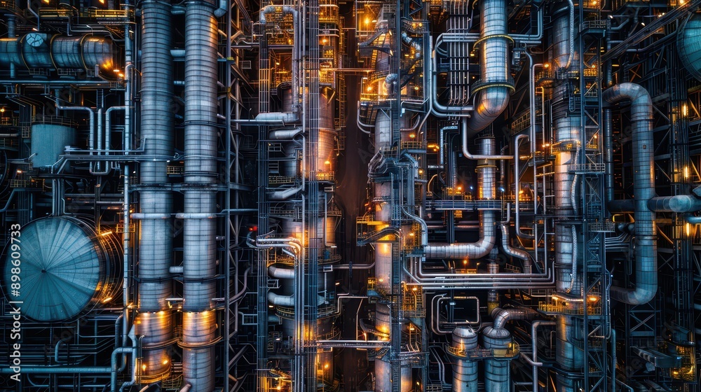 Industrial Maze: Overhead View of Interconnected Steel Pipelines and Refinery Units at Petrochemical Plant Industrial Maze: Overhead View of Interconnected Steel Pipelines and Refinery Units at Petrochemical Plant