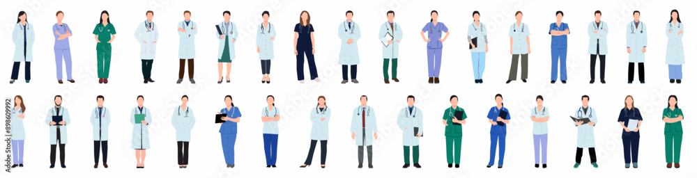 Set of doctors and nurses characters with various poses.
Huge set of realistic medical staff in different pose on white medical background. Set of doctors and nurses characters with various poses.
Huge set of realistic medical staff in different pose on white medical background.