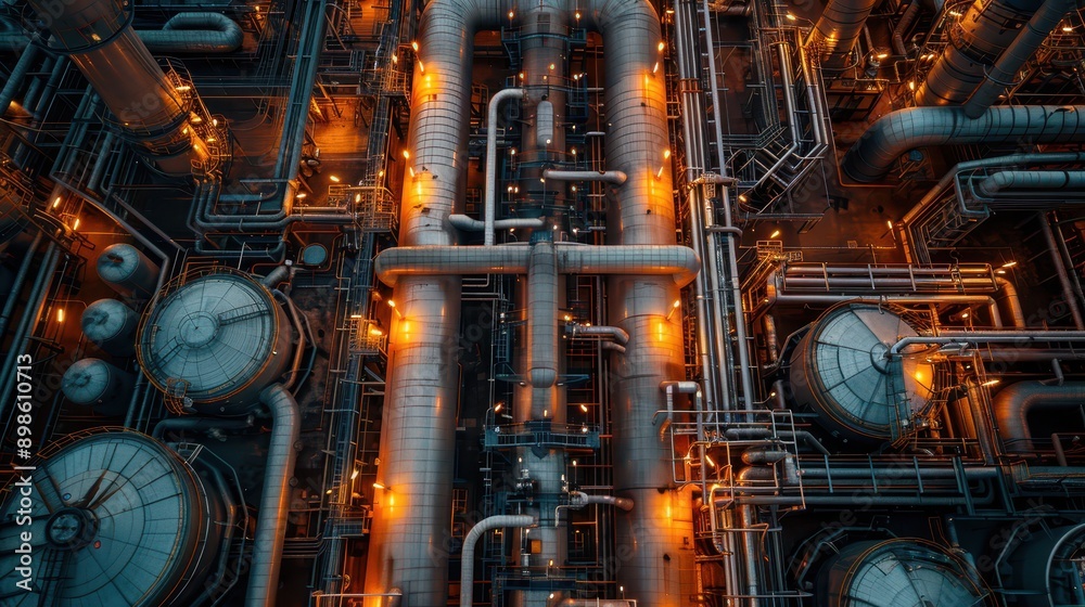 Precision at Work: Aerial View of Workers Operating Machinery in Petrochemical Plant's Artificial Light Precision at Work: Aerial View of Workers Operating Machinery in Petrochemical Plant's Artificial Light