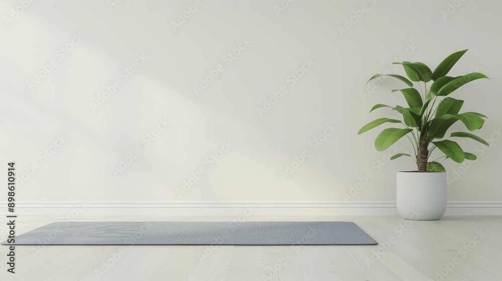 Fototapeta premium A cozy living room with a person practicing gentle stretching exercises on a yoga mat, with copy space, high-resolution photo, realistic photo, hyper realistic