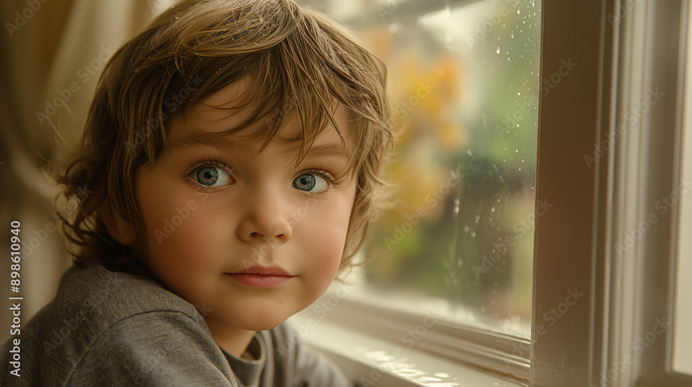 Child gazing through window with innocence and happiness Child gazing through window with innocence and happiness