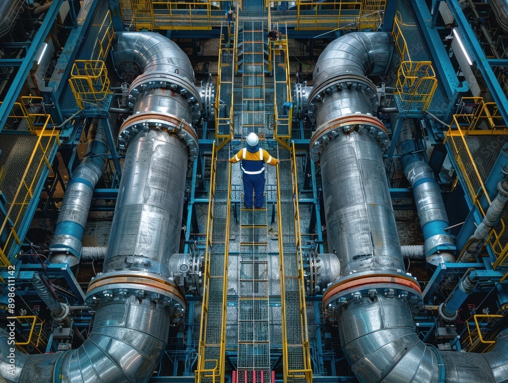 Aerial View of Steel Pipelines in Petrochemical Plant with Workers Inspecting Systems Aerial View of Steel Pipelines in Petrochemical Plant with Workers Inspecting Systems