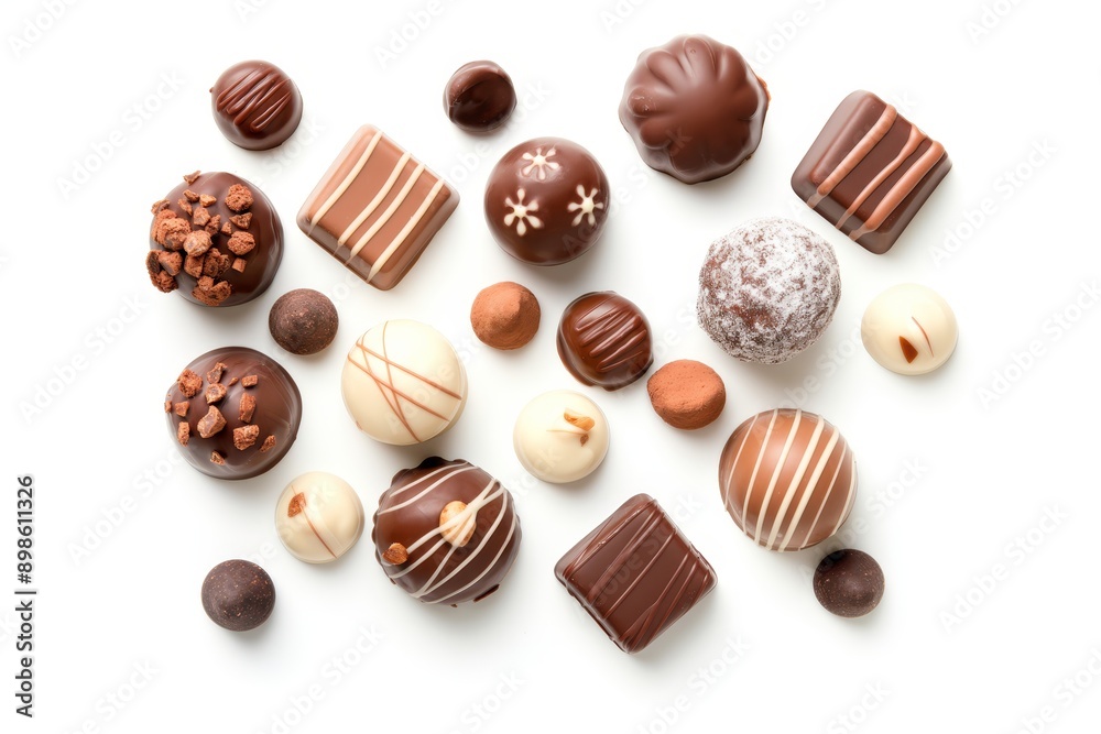 Assorted chocolate pralines from above on white background, isolated for photography
