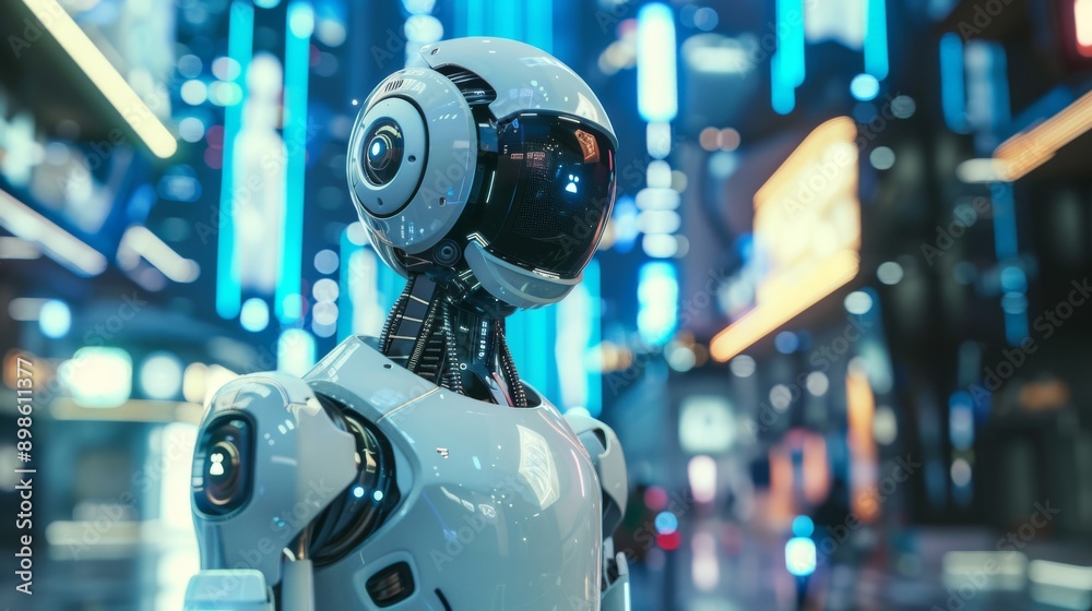 Advanced robot assistant in a futuristic cyberpunk city Advanced robot assistant in a futuristic cyberpunk city