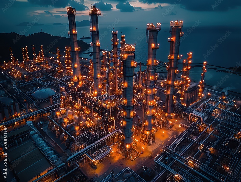 Fototapeta premium Illuminated Petrochemical Plant at Night: Aerial View of Industrial Facility with Glowing Pipelines and Machinery