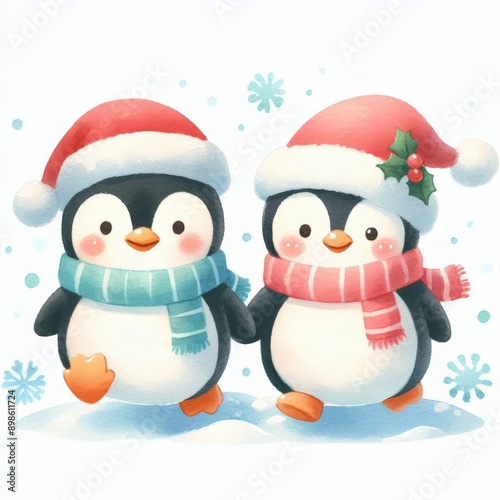Two adorable penguins wearing Santa hats and scarves walk together in the snow.