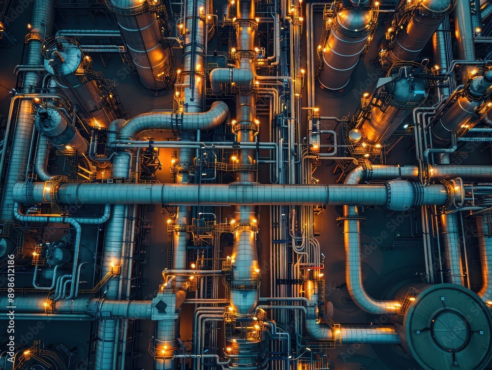 Illuminated Petrochemical Plant - Aerial View of Steel Pipelines in Artificial Light Illuminated Petrochemical Plant - Aerial View of Steel Pipelines in Artificial Light