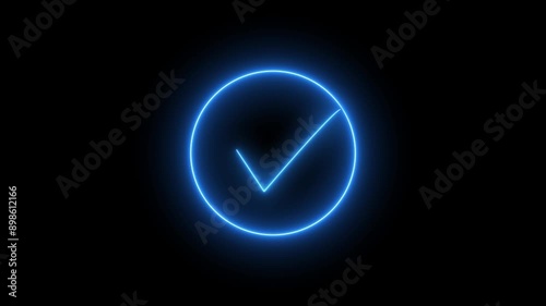 Glowing neon tick mark in circle on black background. Check mark animation. photo