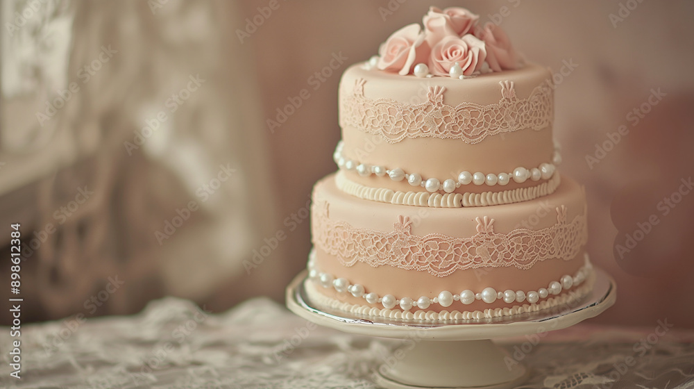 An elegant cake with lace patterns and pearl details, on a vintage lace tablecloth, left third copy space An elegant cake with lace patterns and pearl details, on a vintage lace tablecloth, left third copy space