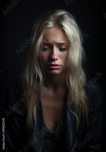 portrait of young sad depressed woman on black background, Generative AI