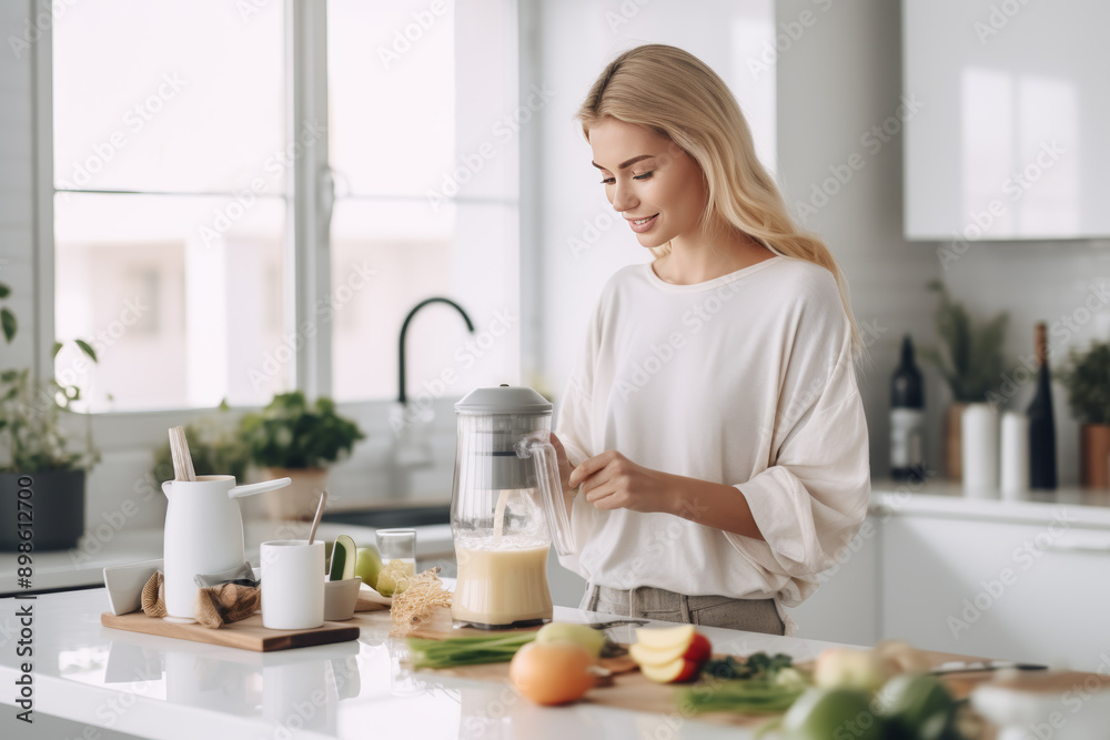 young woman making morning smoothie healthy eating, Generative AI