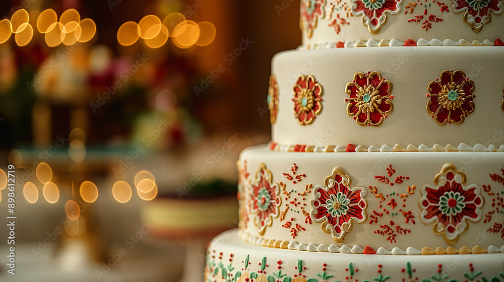 A cake with traditional cultural designs and patterns, reflecting the couple’s heritage, right third copy space A cake with traditional cultural designs and patterns, reflecting the couple’s heritage, right third copy space