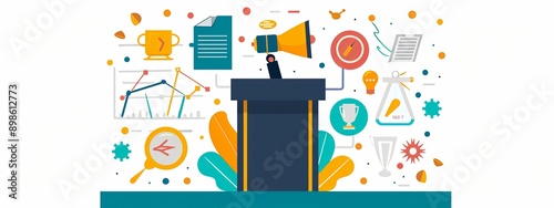 Wallpaper Mural A podium with a microphone and a backdrop of success-related icons like trophies and charts. Torontodigital.ca