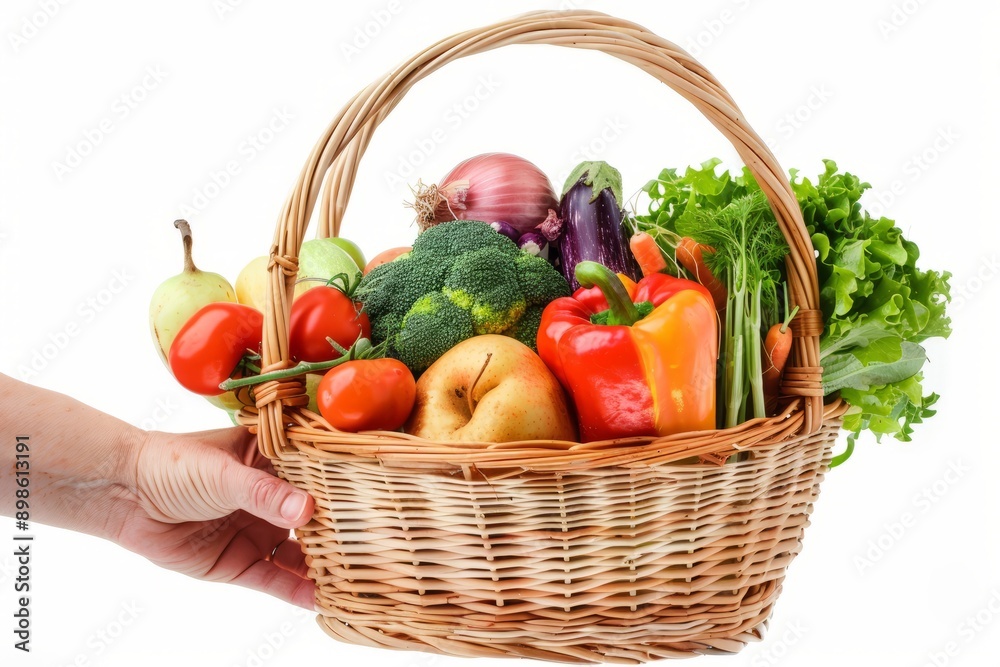 hand holding a basket with healthy fresh food on a white background hand holding a basket with healthy fresh food on a white background