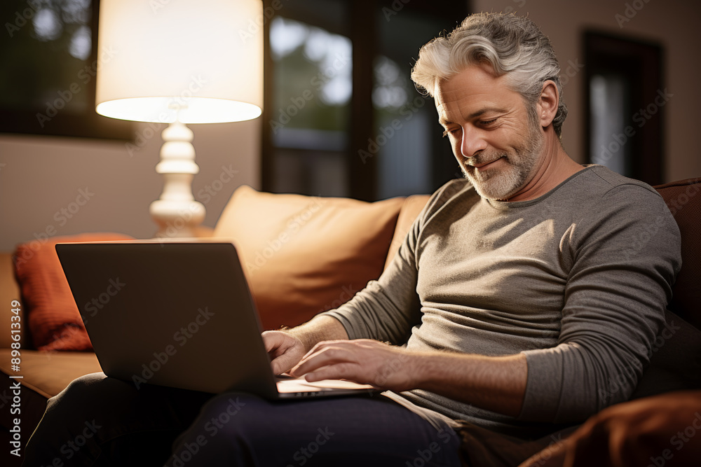 middle-aged man using a laptop on a sofa at home, Generative AI