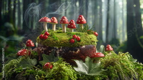 A cake decorated with woodland elements like mushrooms and moss, set in a mystical forest, upper third copy space