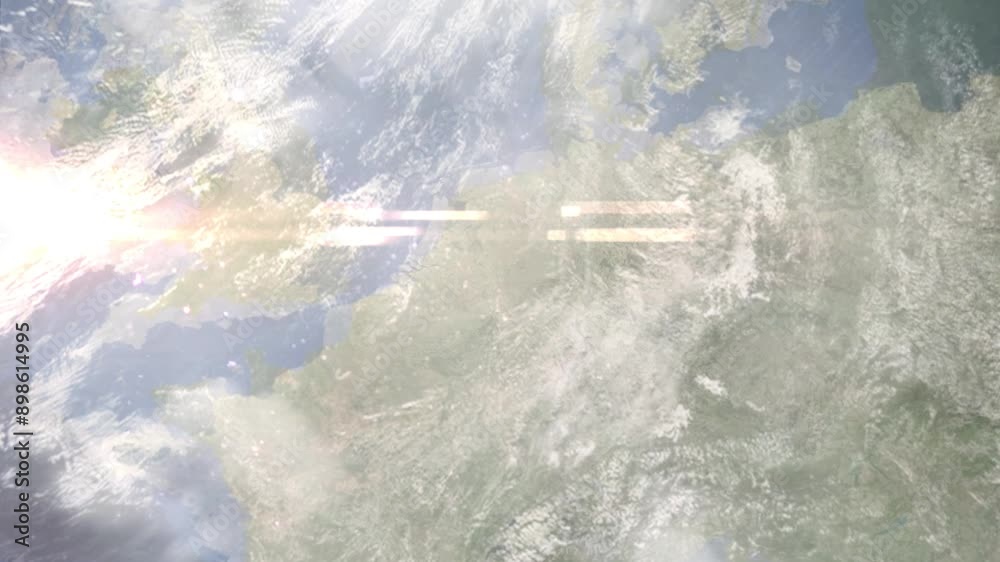 Earth zoom in from space and focus on Moers, Germany. Background for travel intro or blog. Satellite view. 3D style Animation. Images from NASA.