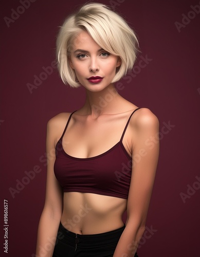 studio portrait of a blonde short haired woman wearing a purple top with nude shoulders on purple background