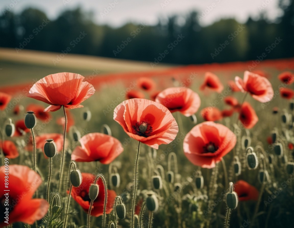 Obraz premium Poppy fields blooming. A poppy is a flowering plant in the subfamily Papaveroideae of the family Papaveraceae. Papaver is a genus of frost-tolerant annuals, biennials, and perennials. Sunny outdoor