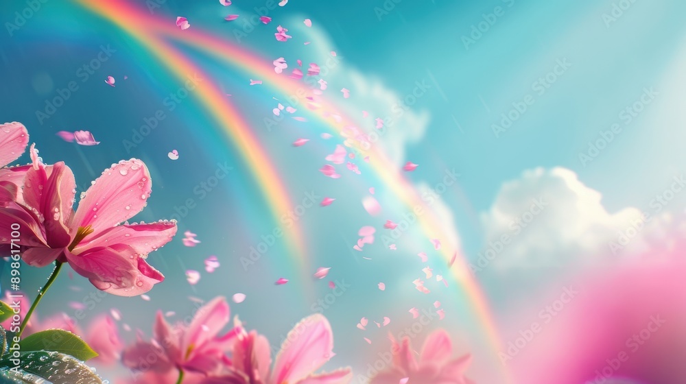 Obraz premium A colorful digital illustration capturing the magic of a double rainbow against a stormy, dramatic sky.