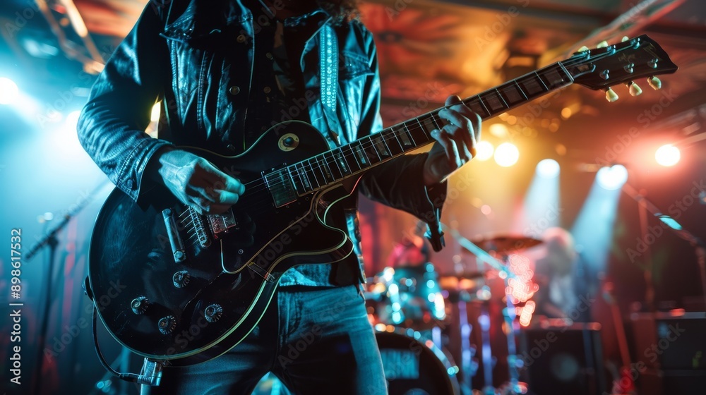 Naklejka premium Guitarist playing with passion on a vibrant stage