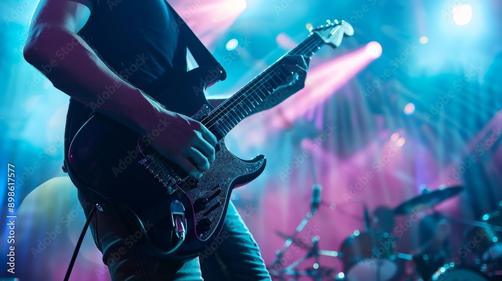 Obraz premium Guitarist playing with passion on a vibrant stage