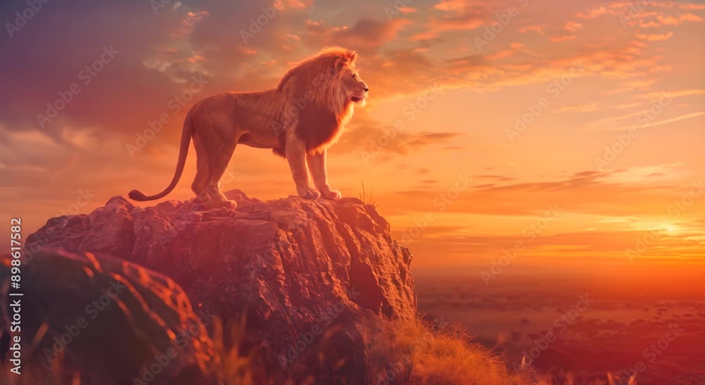 A lion stands on a rock overlooking a field. The sky is orange and the sun is setting A lion stands on a rock overlooking a field. The sky is orange and the sun is setting
