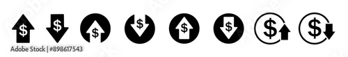 Dollar up symbol. Money down icon set. Prise low arrow sign in vector flat style.