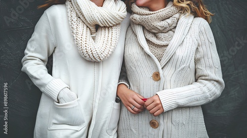 A candid shot of two young women in white sweaters and coats, sharing a secret or a joke. Their body language is playful, with a focus on their interaction. 