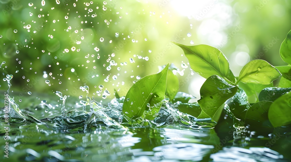Herbal drink wave splash with mint leaves and water flow. Menthol, peppermint, match tea green foliage. Vector organic beverage 3d advertising with realistic leaves in aqua and splatters Herbal drink wave splash with mint leaves and water flow. Menthol, peppermint, match tea green foliage. Vector organic beverage 3d advertising with realistic leaves in aqua and splatters
