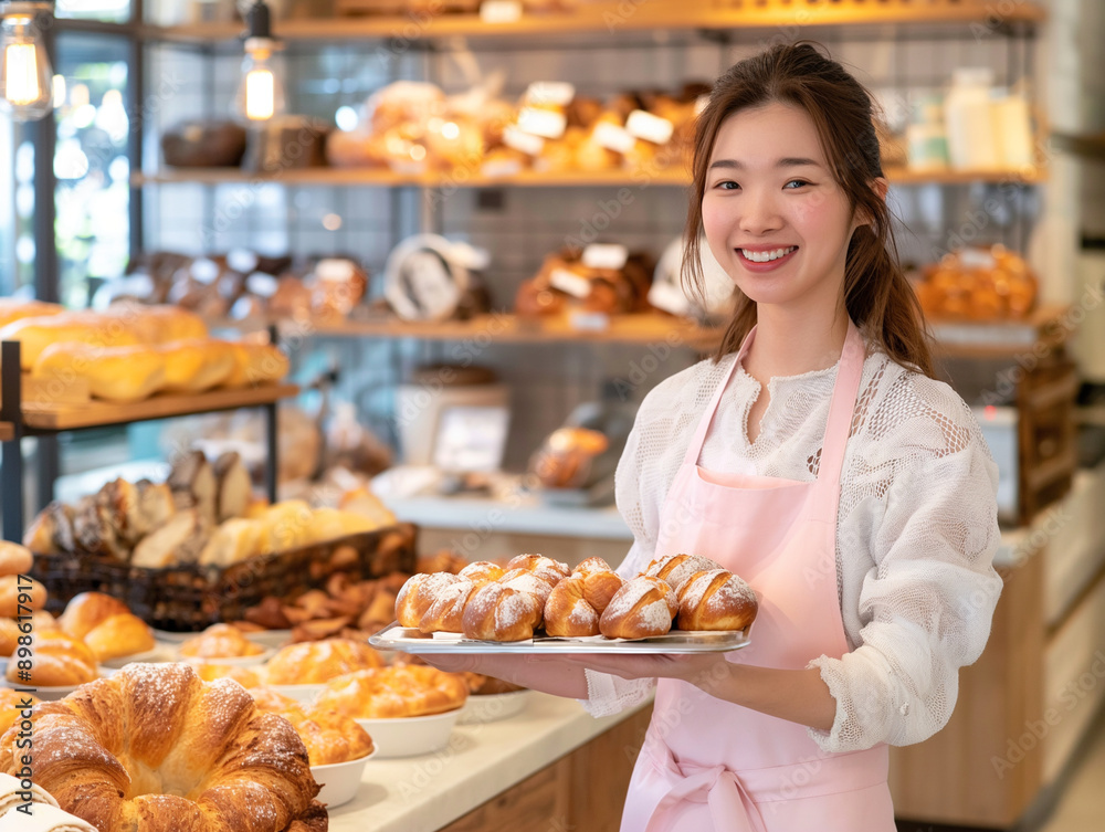 A young Caucasian woman in a gingham apron standing in a bright bakery, holding a tray of freshly baked bread and pastries, with colorful shelves lined with desserts behind her, natural light filterin