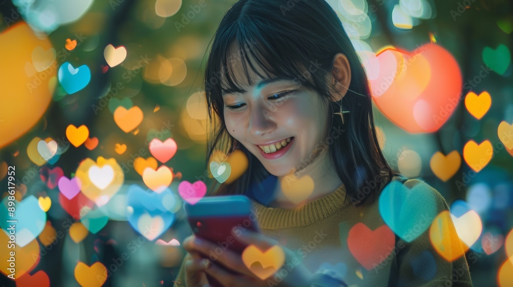 portrait of smiling young asian lady chatting at social networks on smartphone in park, double exposure with emojis, hearts and likes. Modern communication remotely outdoor, collage