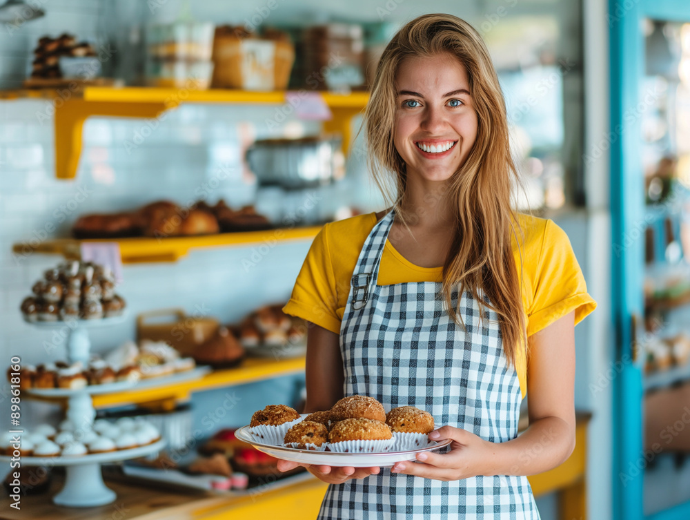 A young Caucasian woman in a gingham apron standing in a bright bakery, holding a tray of freshly baked bread and pastries, with colorful shelves lined with desserts behind her, natural light filterin A young Caucasian woman in a gingham apron standing in a bright bakery, holding a tray of freshly baked bread and pastries, with colorful shelves lined with desserts behind her, natural light filterin