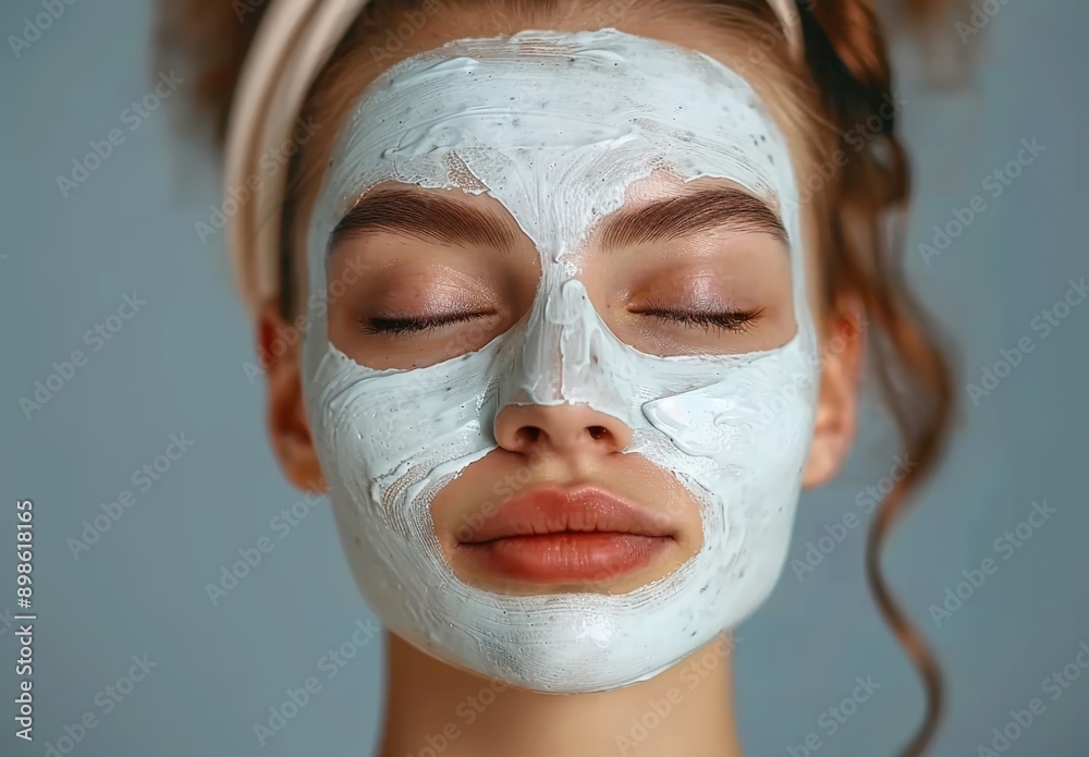 A young woman with closed eyes wearing a white face mask for skin care and beauty treatment,Beauty concept A young woman with closed eyes wearing a white face mask for skin care and beauty treatment,Beauty concept