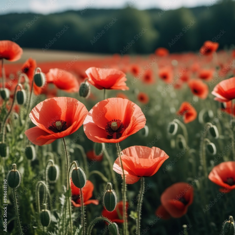 Obraz premium Poppy fields blooming. A poppy is a flowering plant in the subfamily Papaveroideae of the family Papaveraceae. Papaver is a genus of frost-tolerant annuals, biennials, and perennials. Sunny outdoor
