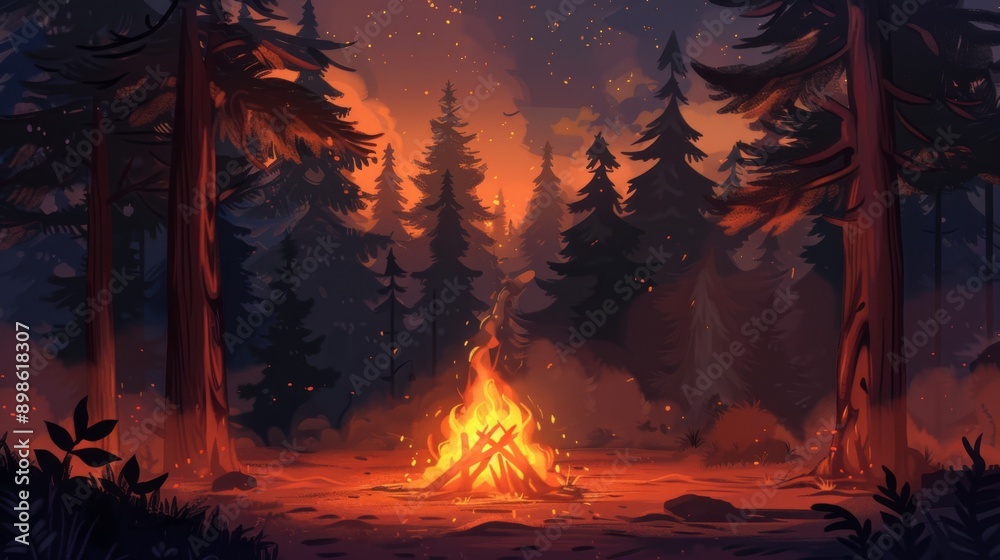 Illustration of Campfire on a remote beach with cliffs in the background Illustration of Campfire on a remote beach with cliffs in the background