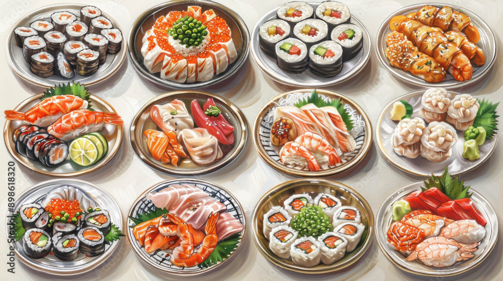 Variety of sushi nigiri and sashimi neatly arranged on black plates, featuring different types of fish and seafood toppings.
Variety of sushi nigiri and sashimi neatly arranged on black plates, featuring different types of fish and seafood toppings.