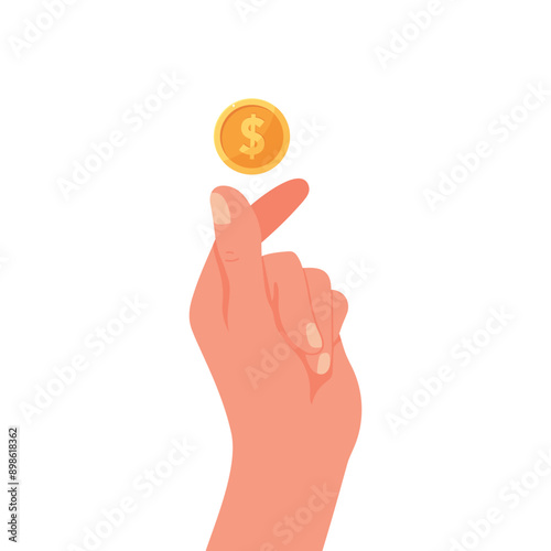 Gold coin in hand. Human hand tosses a coin. Cent in fingers. Money concept. Vector illustration
