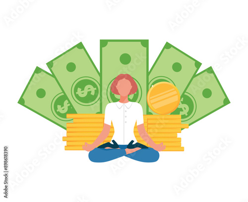 Financial wellbeing, financial guru concept. Woman sits in lotus pose on a stack of gold coins with dollar banknotes on the background. Meditating on money, success, cashback