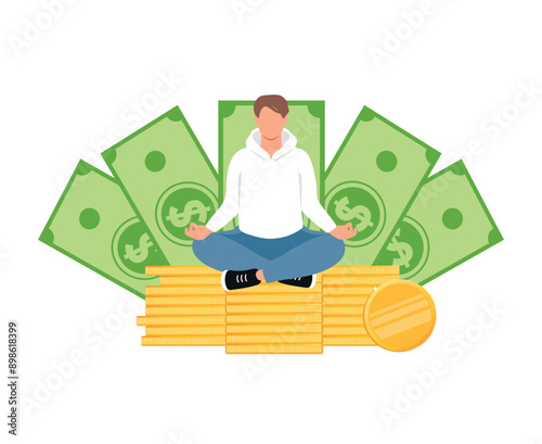 Financial wellbeing, financial guru concept. Man sits in lotus pose on a stack of gold coins with dollar banknotes on the background. Meditating on money, success, cashback