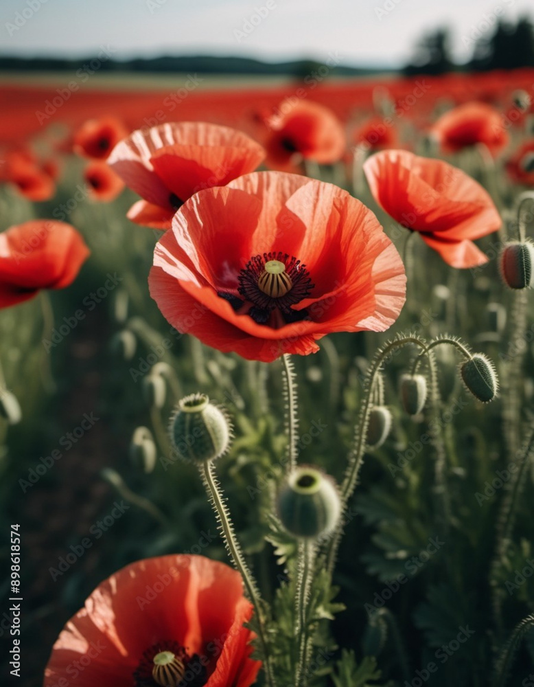 Fototapeta premium Poppy fields blooming. A poppy is a flowering plant in the subfamily Papaveroideae of the family Papaveraceae. Papaver is a genus of frost-tolerant annuals, biennials, and perennials. Sunny outdoor