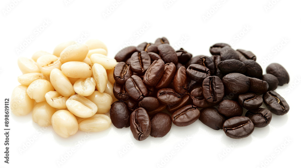 A detailed and hyper-realistic close-up shot of coffee beans, showcasing their texture and color. Isolated on white background. A detailed and hyper-realistic close-up shot of coffee beans, showcasing their texture and color. Isolated on white background.