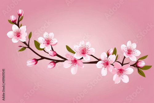 Painted tree branch with pink flowers and buds on gradient pink background. For greeting card, invitation, botanical art, spring-themed design, seasonal artwork, decorative element, creative project