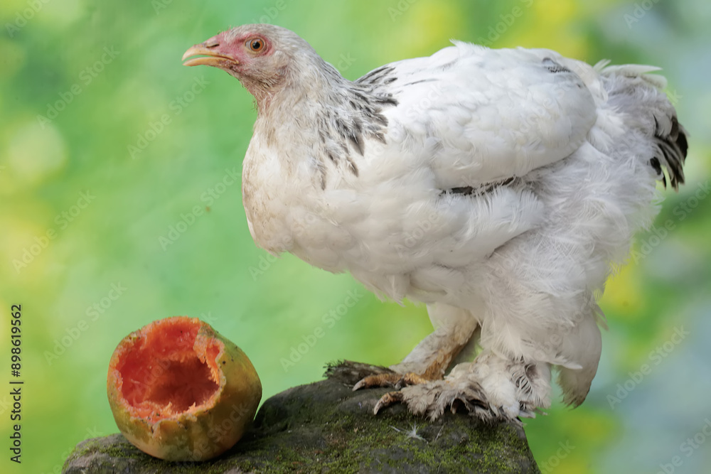 Obraz premium A young Brahma chicken is eating a ripe papaya fruit that has fallen on the ground. This large and heavy body chicken has the scientific name Gallus gallus domesticus.