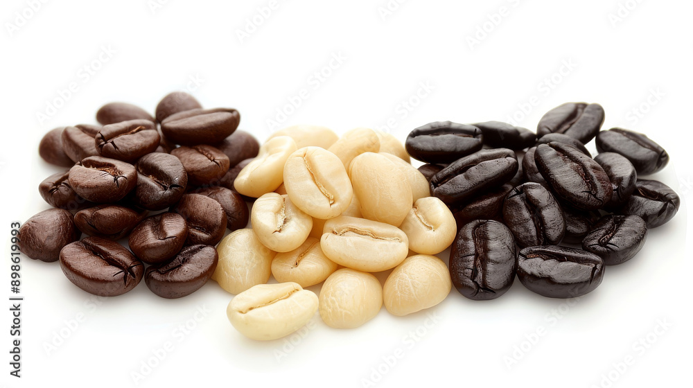 A detailed and hyper-realistic close-up shot of coffee beans, showcasing their texture and color. Isolated on white background. A detailed and hyper-realistic close-up shot of coffee beans, showcasing their texture and color. Isolated on white background.